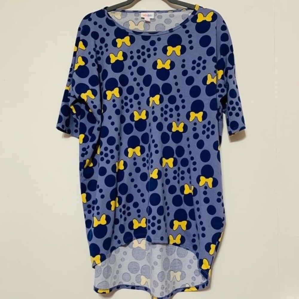 LuLaroe blue top  Minnie yellow  bows short sleeve relaxed fit Hi/Lo size S